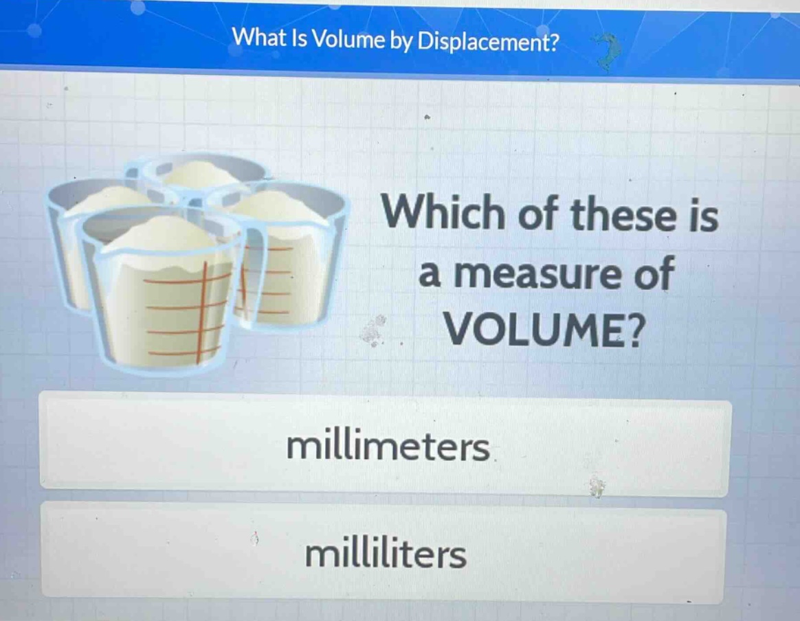 what is volume by displacement? which of these is a measure of volume? millimeters milliliters