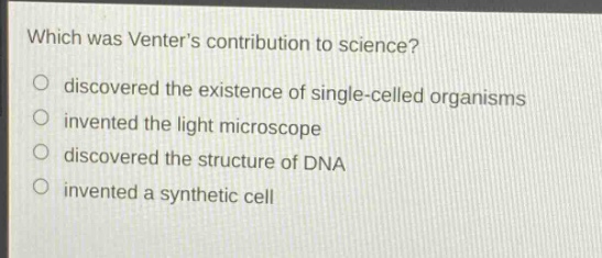 which was venters contribution to science?\no discovered the existence of single - celled organisms\no invented the light microscope\no discovered the structure of dna\no invented a synthetic cell