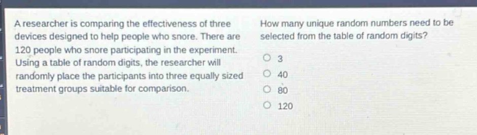 a researcher is comparing the effectiveness of three devices designed to help people who snore. there are 120 people who snore participating in the experiment. using a table of random digits, the researcher will randomly place the participants into three equally sized treatment groups suitable for comparison. how many unique random numbers need to be selected from the table of random digits? 3 40 80 120