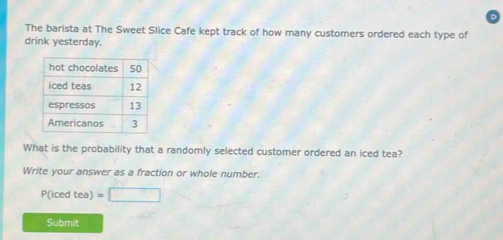 the barista at the sweet slice cafe kept track of how many customers ordered each type of drink yesterday. hot chocolates 50 iced teas 12 espressos 13 americanos 3 what is the probability that a randomly selected customer ordered an iced tea? write your answer as a fraction or whole number. p(iced tea) =