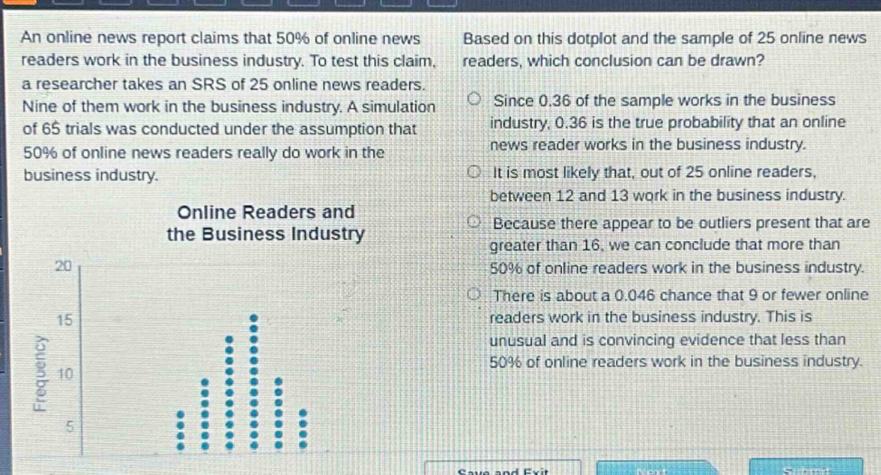 an online news report claims that 50% of online news readers work in the business industry. to test this claim, a researcher takes an srs of 25 online news readers. nine of them work in the business industry. a simulation of 65 trials was conducted under the assumption that 50% of online news readers really do work in the business industry. online readers and the business industry based on this dot - plot and the sample of 25 online news readers, which conclusion can be drawn? since 0.36 of the sample works in the business industry, 0.36 is the true probability that an online news reader works in the business industry. it is most likely that, out of 25 online readers, between 12 and 13 work in the business industry. because there appear to be outliers present that are greater than 16, we can conclude that more than 50% of online readers work in the business industry. there is about a 0.046 chance that 9 or fewer online readers work in the business industry. this is unusual and is convincing evidence that less than 50% of online readers work in the business industry.