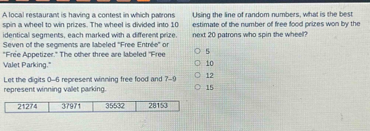 a local restaurant is having a contest in which patrons spin a wheel to win prizes. the wheel is divided into 10 identical segments, each marked with a different prize. seven of the segments are labeled \free entrée\ or \free appetizer.\ the other three are labeled \free valet parking.\ let the digits 0 - 6 represent winning free food and 7 - 9 represent winning valet parking. using the line of random numbers, what is the best estimate of the number of free food prizes won by the next 20 patrons who spin the wheel? 5 10 12 15 21274 37971 35532 28153