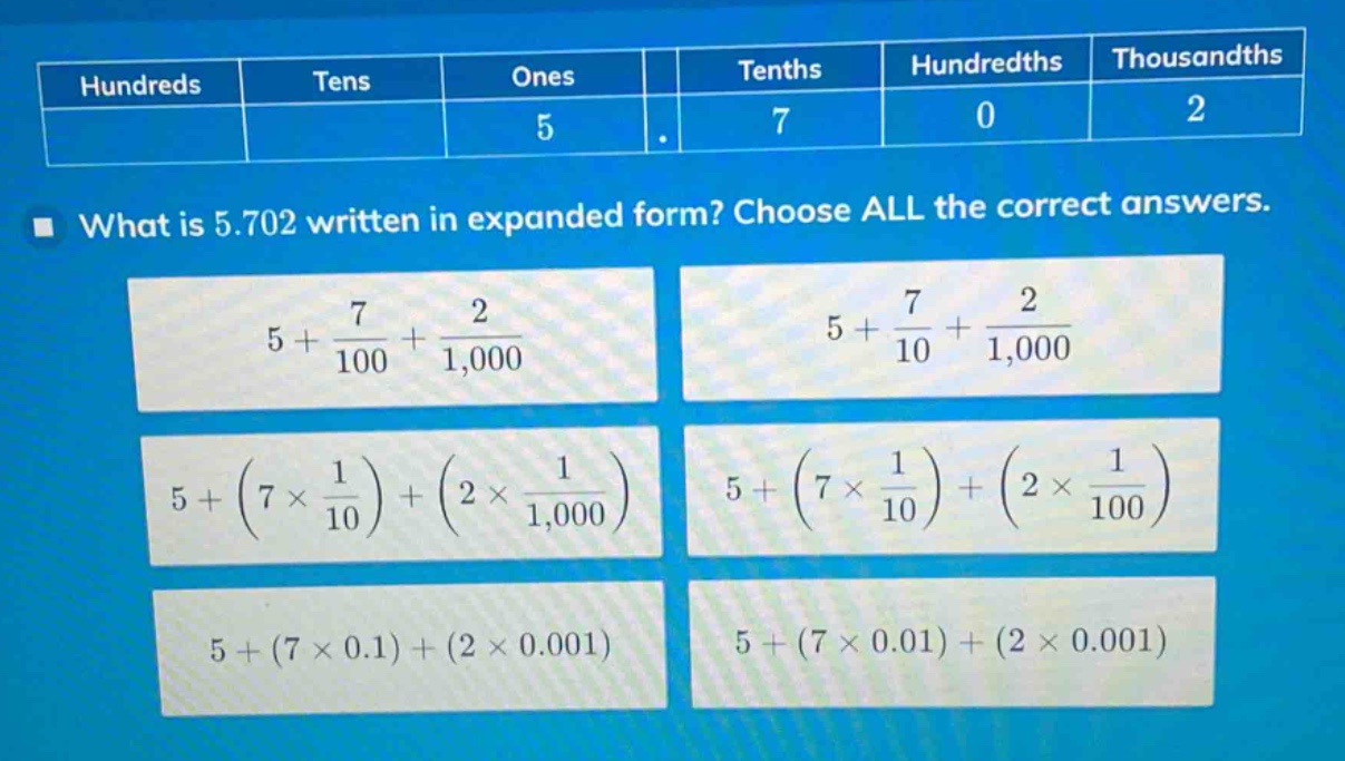 what is 5.702 written in expanded form? choose all the correct answers.\n$5+\frac{7}{100}+\frac{2}{1,000}$\n$5+\frac{7}{10}+\frac{2}{1,000}$\n$5+(7\times\frac{1}{10})+(2\times\frac{1}{1,000})$\n$5+(7\times\frac{1}{10})+(2\times\frac{1}{100})$\n$5+(7\times0.1)+(2\times0.001)$\n$5+(7\times0.01)+(2\times0.001)$