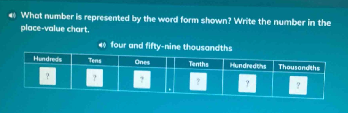 what number is represented by the word form shown? write the number in the place - value chart. four and fifty - nine thousandths