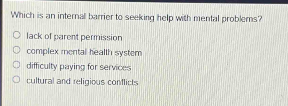 which is an internal barrier to seeking help with mental problems?\nlack of parent permission\ncomplex mental health system\ndifficulty paying for services\ncultural and religious conflicts