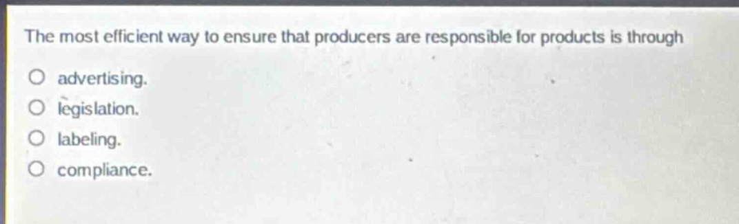 the most efficient way to ensure that producers are responsible for products is through\no advertising.\no legislation.\no labeling.\no compliance.