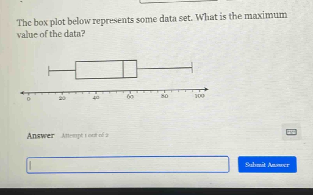the box plot below represents some data set. what is the maximum value of the data? answer attempt 1 out of 2