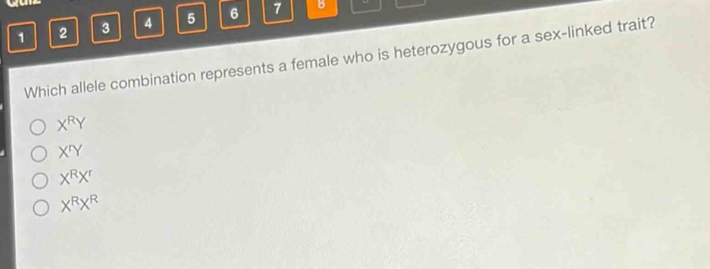 which allele combination represents a female who is heterozygous for a sex - linked trait?\n$x^{r}y$\n$x^{r}y$\n$x^{r}x^{r}$\n$x^{r}x^{r}$