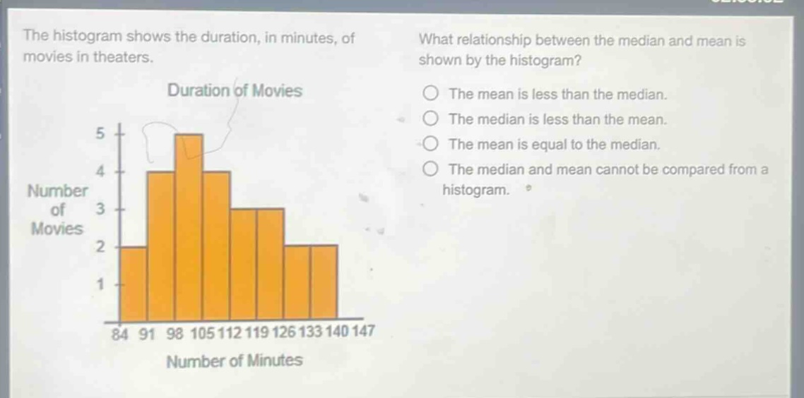 the histogram shows the duration, in minutes, of movies in theaters. what relationship between the median and mean is shown by the histogram? the mean is less than the median. the median is less than the mean. the mean is equal to the median. the median and mean cannot be compared from a histogram.