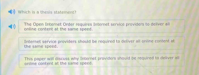 which is a thesis statement?\nthe open internet order requires internet service providers to deliver all online content at the same speed.\ninternet service providers should be required to deliver all online content at the same speed.\nthis paper will discuss why internet providers should be required to deliver all online content at the same speed.