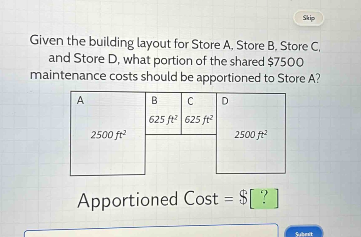 given the building layout for store a, store b, store c, and store d, what portion of the shared $7500 maintenance costs should be apportioned to store a?\na\nb\nc\nd\n625 ft²\n625 ft²\n2500 ft²\n2500 ft²\napportioned cost = $?