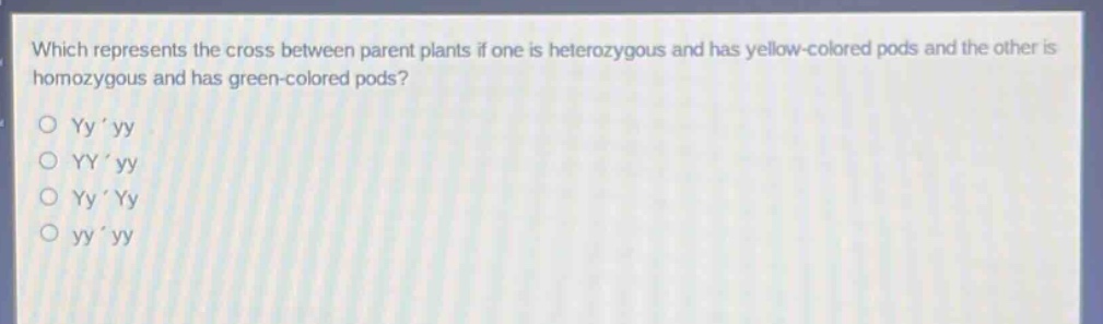 which represents the cross between parent plants if one is heterozygous and has yellow - colored pods and the other is homozygous and has green - colored pods?\no yy yy\no yy yy\no yy yy\no yy yy