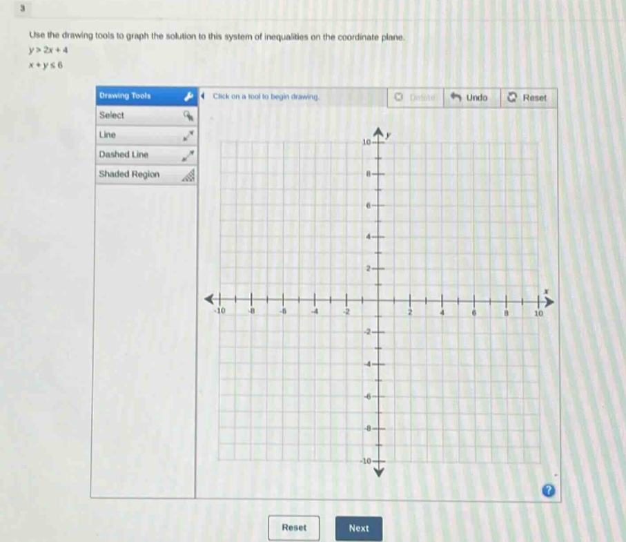 use the drawing tools to graph the solution to this system of inequalities on the coordinate plane.\ny>2x + 4\nx + y≤6