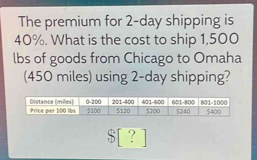 the premium for 2 - day shipping is 40%. what is the cost to ship 1,500 lbs of goods from chicago to omaha (450 miles) using 2 - day shipping?\n|distance (miles)|0 - 200|201 - 400|401 - 600|601 - 800|801 - 1000|\n|price per 100 lbs|$100|$120|$200|$240|$400|\n$?