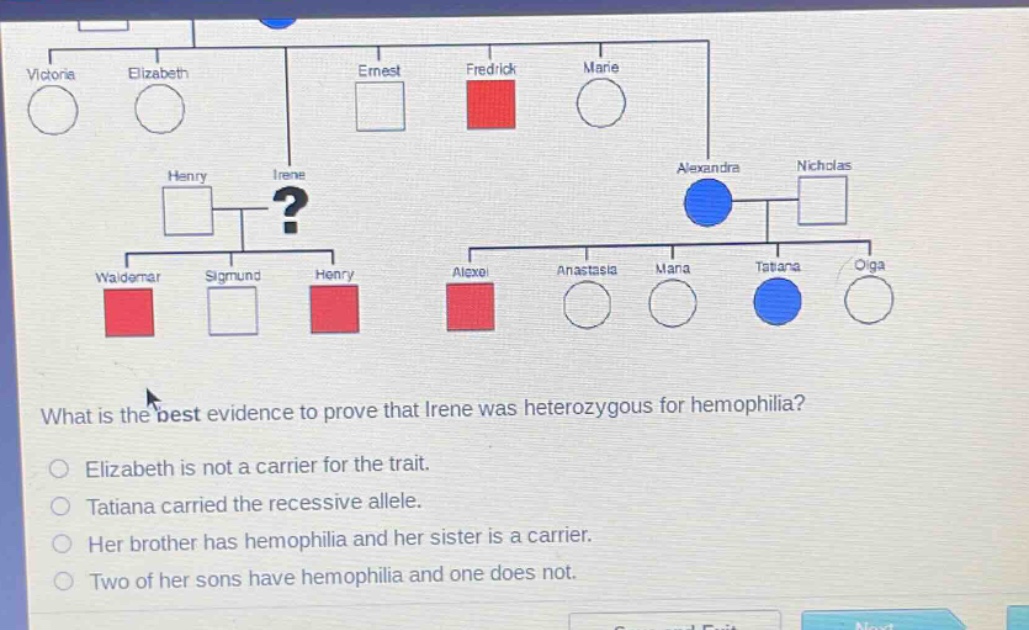 what is the best evidence to prove that irene was heterozygous for hemophilia?\nelizabeth is not a carrier for the trait.\ntatiana carried the recessive allele.\nher brother has hemophilia and her sister is a carrier.\ntwo of her sons have hemophilia and one does not.