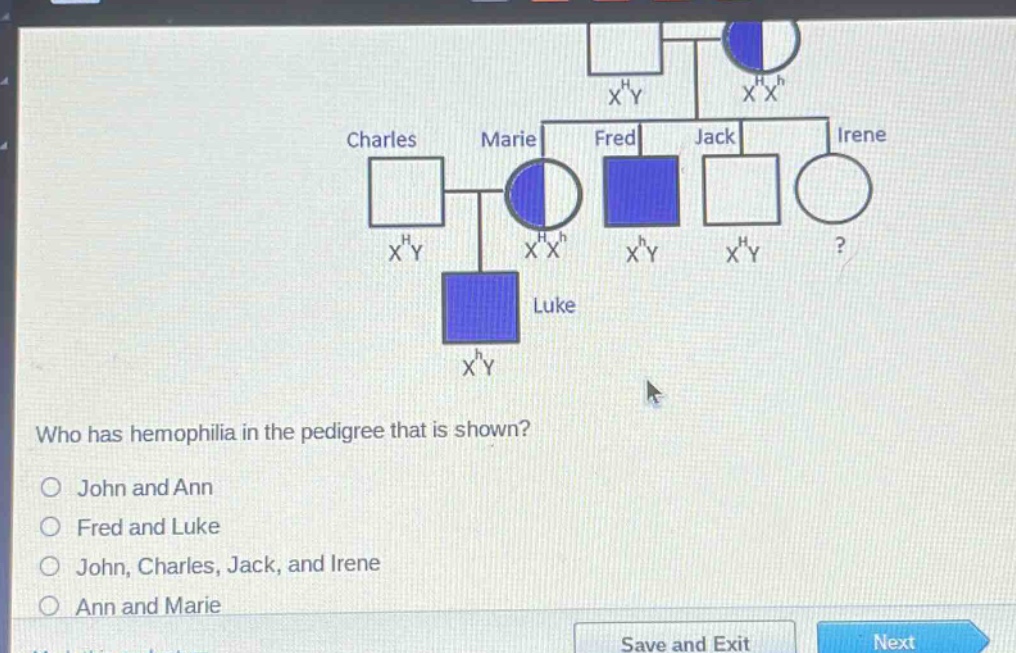 who has hemophilia in the pedigree that is shown?\no john and ann\no fred and luke\no john, charles, jack, and irene\no ann and marie