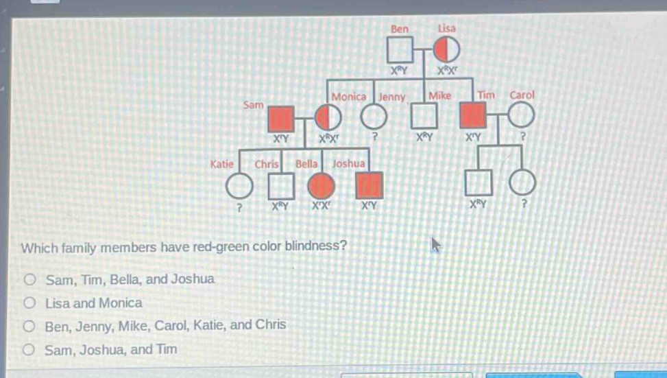 which family members have red - green color blindness?\nsam, tim, bella, and joshua\nlisa and monica\nben, jenny, mike, carol, katie, and chris\nsam, joshua, and tim