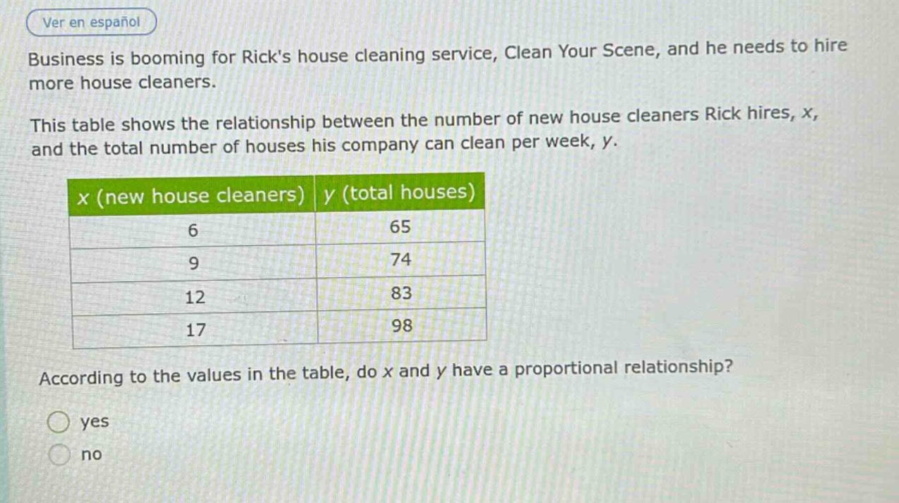 business is booming for ricks house cleaning service, clean your scene, and he needs to hire more house cleaners. this table shows the relationship between the number of new house cleaners rick hires, x, and the total number of houses his company can clean per week, y.\n|x (new house cleaners)|y (total houses)|\n|----|----|\n|6|65|\n|9|74|\n|12|83|\n|17|98|\naccording to the values in the table, do x and y have a proportional relationship?\n○ yes\n○ no
