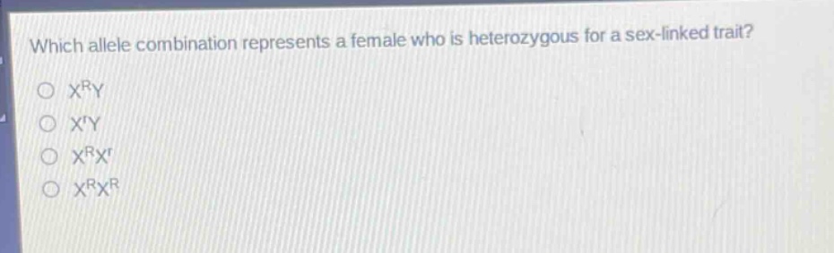which allele combination represents a female who is heterozygous for a sex - linked trait?\n○ $x^{r}y$\n○ $x^{r}y$\n○ $x^{r}x^{r}$\n○ $x^{r}x^{r}$