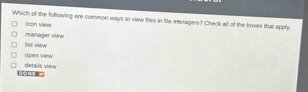 which of the following are common ways to view files in file managers? check all of the boxes that apply. icon view manager view list view open view details view done
