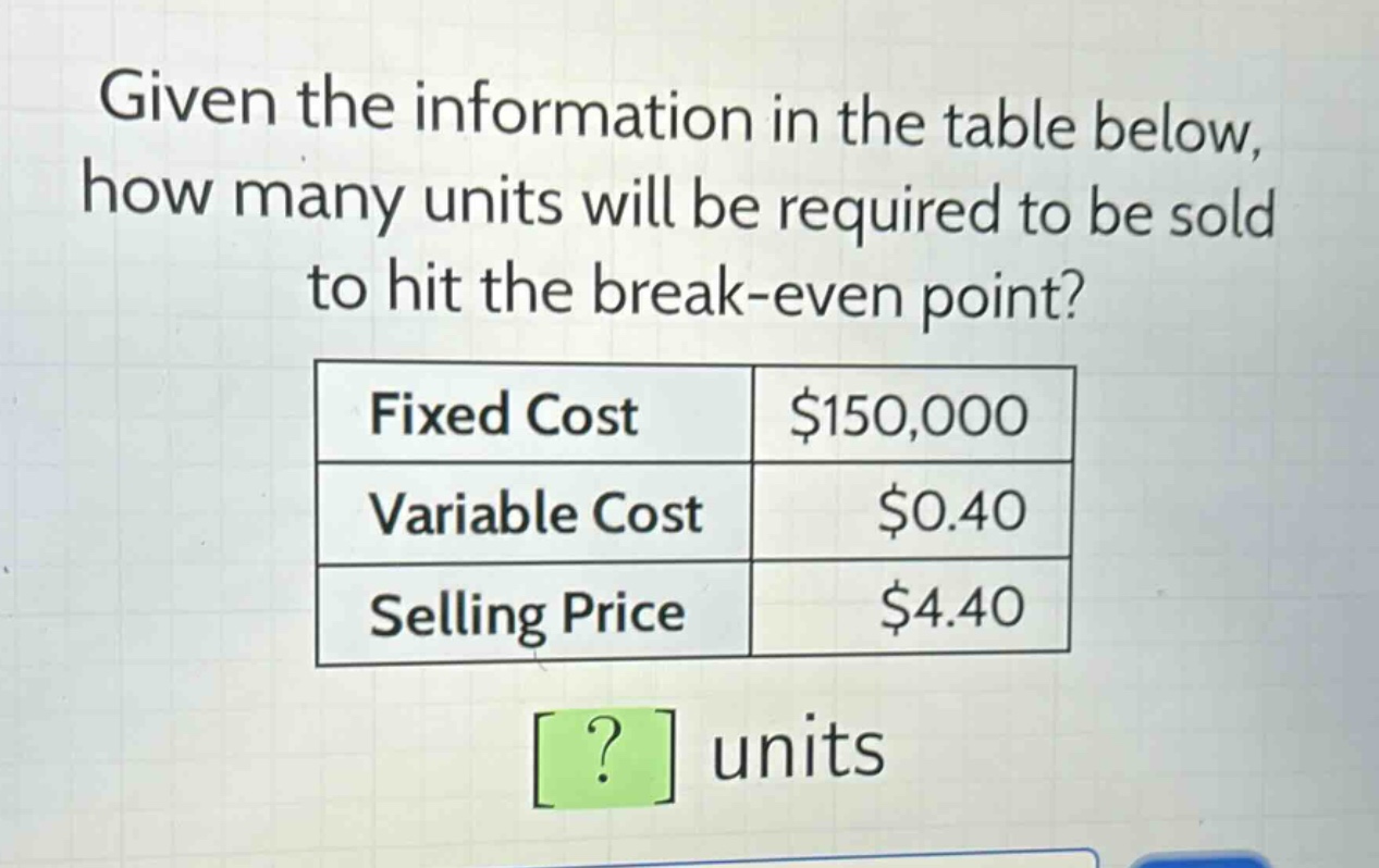 given the information in the table below, how many units will be required to be sold to hit the break - even point?\n|fixed cost|$150,000|\n|variable cost|$0.40|\n|selling price|$4.40|\n? units