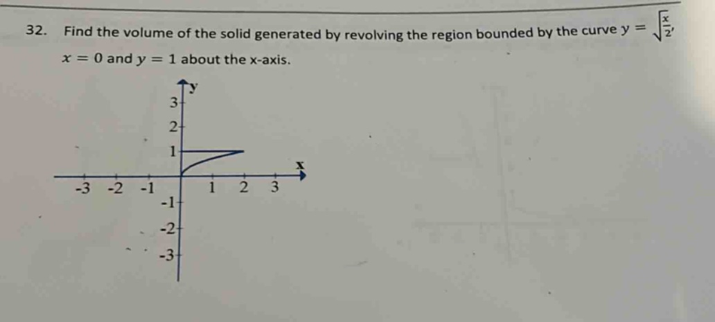 32. find the volume of the solid generated by revolving the region bounded by the curve $y = sqrt{\frac{x}{2}}$, $x = 0$ and $y = 1$ about the x - axis.