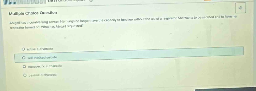 multiple choice question\nabigail has incurable lung cancer. her lungs no longer have the capacity to function without the aid of a respirator. she wants to be sedated and to have her respirator turned off. what has abigail requested?\n\nactive euthanasia\nself - induced suicide\nnonspecific euthanasia\npassive euthanasia