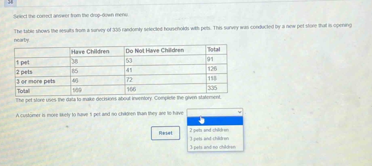 select the correct answer from the drop - down menu.\nthe table shows the results from a survey of 335 randomly selected households with pets. this survey was conducted by a new pet store that is opening nearby.\n| | have children | do not have children | total |\n|----|----|----|----|\n| 1 pet | 38 | 53 | 91 |\n| 2 pets | 85 | 41 | 126 |\n| 3 or more pets | 46 | 72 | 118 |\n| total | 169 | 166 | 335 |\nthe pet store uses the data to make decisions about inventory. complete the given statement.\na customer is more likely to have 1 pet and no children than they are to have