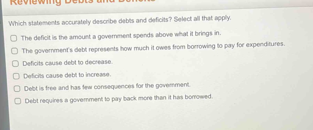 which statements accurately describe debts and deficits? select all that apply.\nthe deficit is the amount a government spends above what it brings in.\nthe governments debt represents how much it owes from borrowing to pay for expenditures.\ndeficits cause debt to decrease.\ndeficits cause debt to increase.\ndebt is free and has few consequences for the government.\ndebt requires a government to pay back more than it has borrowed.