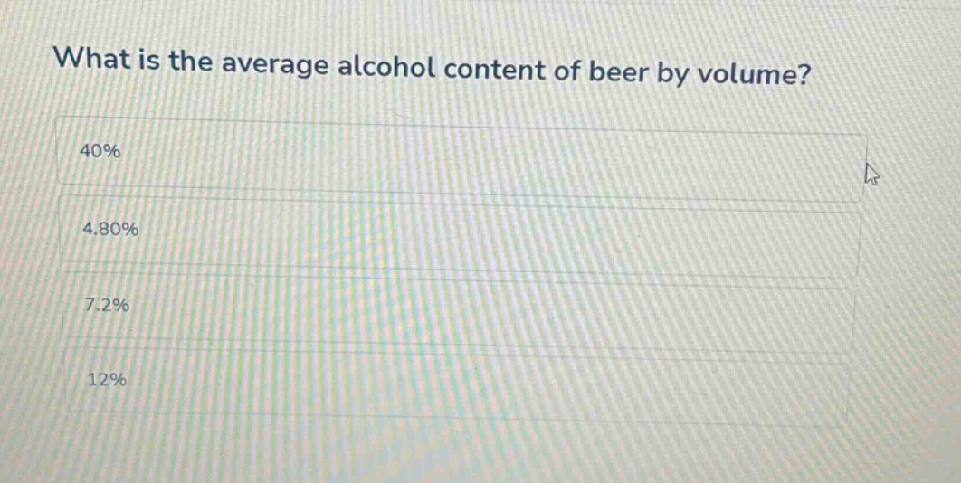 what is the average alcohol content of beer by volume?\n40%\n4.80%\n7.2%\n12%