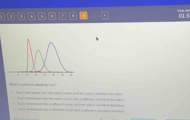 which statement must be true?\neach distribution has the same mean and the same standard deviation.\neach distribution has the same mean and a different standard deviation.\neach distribution has a different mean and the same standard deviation.\neach distribution has a different mean and a different standard deviation.