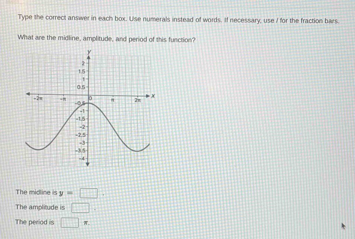 type the correct answer in each box. use numerals instead of words. if necessary, use / for the fraction bars. what are the midline, amplitude, and period of this function? the midline is y = . the amplitude is . the period is π.