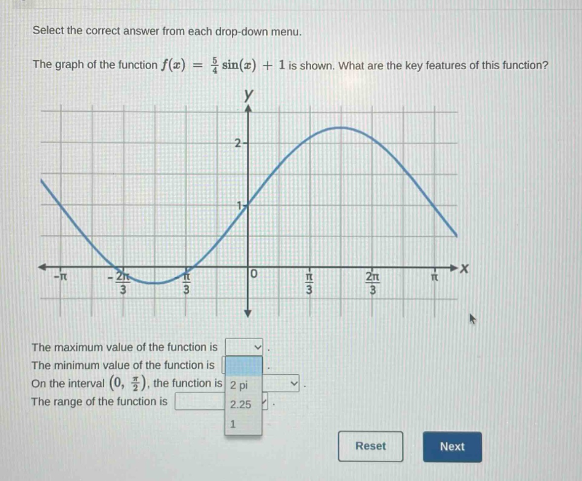 select the correct answer from each drop - down menu.\nthe graph of the function $f(x)=\frac{5}{4}sin(x)+1$ is shown. what are the key features of this function?\nthe maximum value of the function is\nthe minimum value of the function is\non the interval $(0,\frac{pi}{2})$, the function is\nthe range of the function is\nreset next