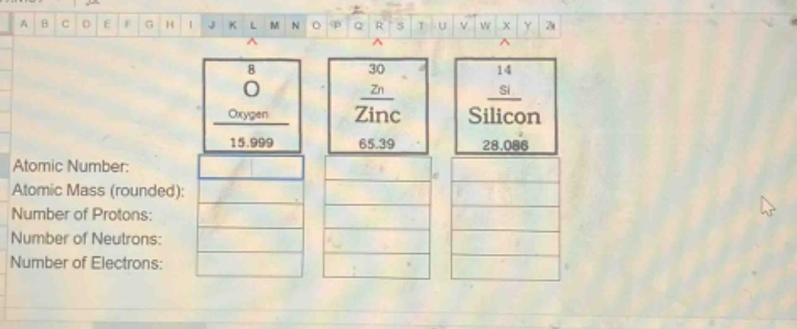 atomic number:\natomic mass (rounded):\nnumber of protons:\nnumber of neutrons:\nnumber of electrons: