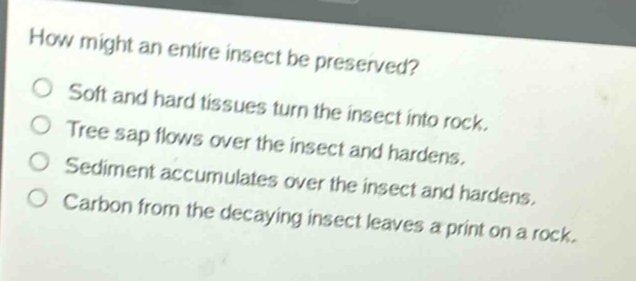 how might an entire insect be preserved?\nsoft and hard tissues turn the insect into rock.\ntree sap flows over the insect and hardens.\nsediment accumulates over the insect and hardens.\ncarbon from the decaying insect leaves a print on a rock.