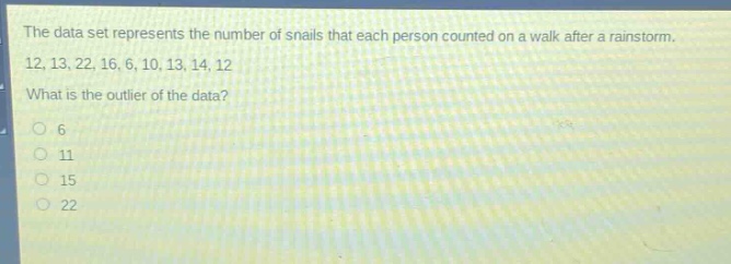 the data set represents the number of snails that each person counted on a walk after a rainstorm. 12, 13, 22, 16, 6, 10, 13, 14, 12. what is the outlier of the data?\no 6\no 11\no 15\no 22