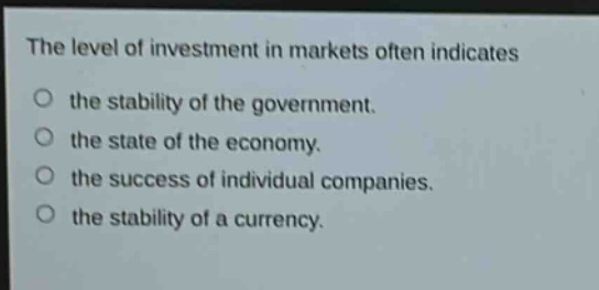 the level of investment in markets often indicates\no the stability of the government.\no the state of the economy.\no the success of individual companies.\no the stability of a currency.
