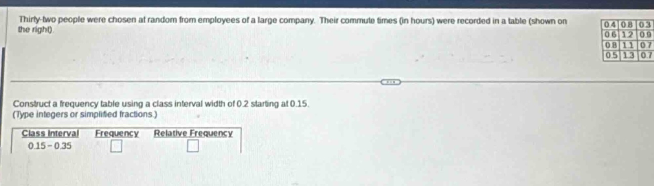 thirty - two people were chosen at random from employees of a large company. their commute times (in hours) were recorded in a table (shown on the right). construct a frequency table using a class interval width of 0.2 starting at 0.15. (type integers or simplified fractions.) class interval frequency relative frequency 0.15 - 0.35