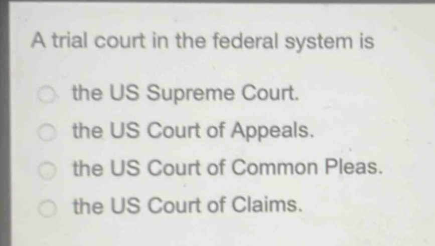 a trial court in the federal system is\nthe us supreme court.\nthe us court of appeals.\nthe us court of common pleas.\nthe us court of claims.
