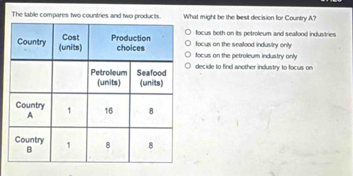 the table compares two countries and two products. what might be the best decision for country a? focus both on its petroleum and seafood industries focus on the seafood industry only focus on the petroleum industry only decide to find another industry to focus on\n\n| country | cost (units) | production choices | | | petroleum (units) | seafood (units) | | country a | 1 | 16 | 8 | | country b | 1 | 8 | 8 |
