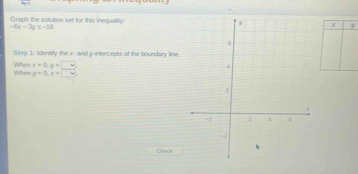graph the solution set for this inequality: -6x - 3y ≤ -18\nstep 1: identify the x - and y - intercepts of the boundary line.\nwhen x = 0, y =\nwhen y = 0, x =