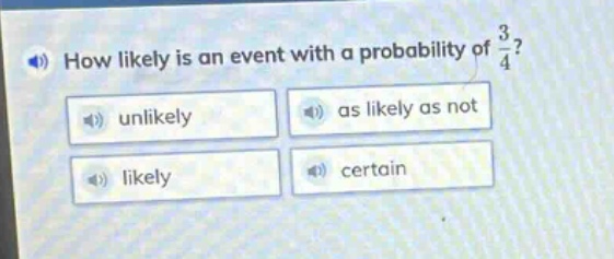 how likely is an event with a probability of $\frac{3}{4}$? unlikely as likely as not likely certain