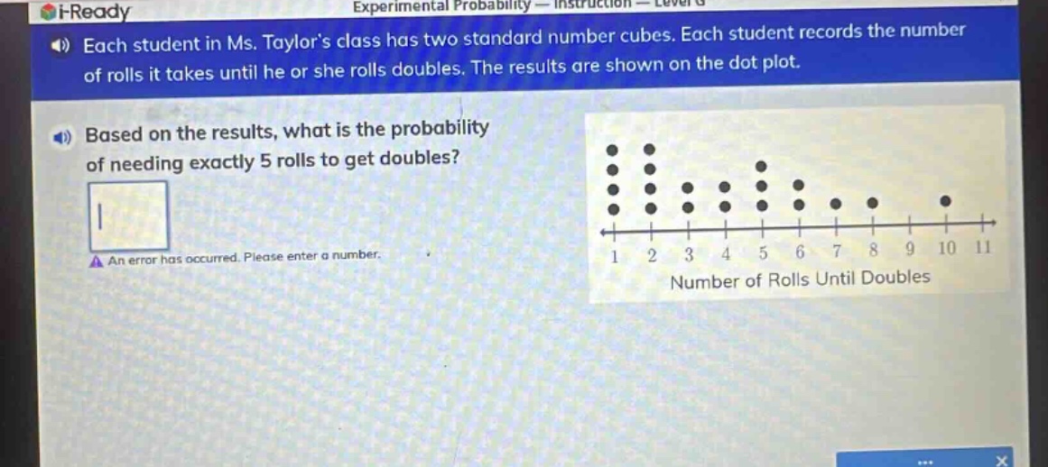 each student in ms. taylors class has two standard number cubes. each student records the number of rolls it takes until he or she rolls doubles. the results are shown on the dot - plot. based on the results, what is the probability of needing exactly 5 rolls to get doubles? an error has occurred. please enter a number.