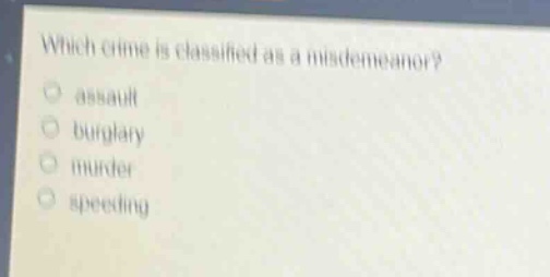 which crime is classified as a misdemeanor?\nassault\nburglary\nmurder\nspeeding