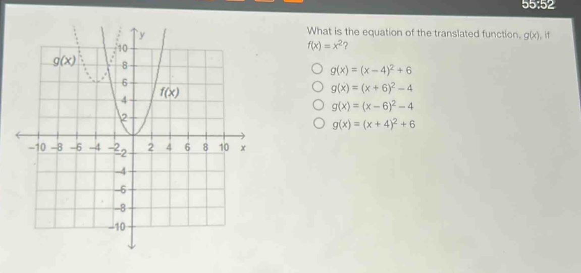 what is the equation of the translated function, g(x), if f(x)=x²?\n○ g(x)=(x - 4)²+6\n○ g(x)=(x + 6)²-4\n○ g(x)=(x - 6)²-4\n○ g(x)=(x + 4)²+6