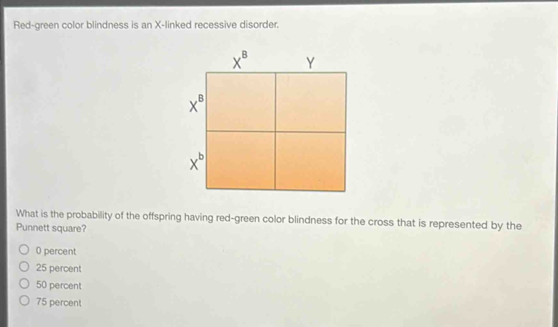 red - green color blindness is an x - linked recessive disorder.\nwhat is the probability of the offspring having red - green color blindness for the cross that is represented by the punnett square?\n0 percent\n25 percent\n50 percent\n75 percent