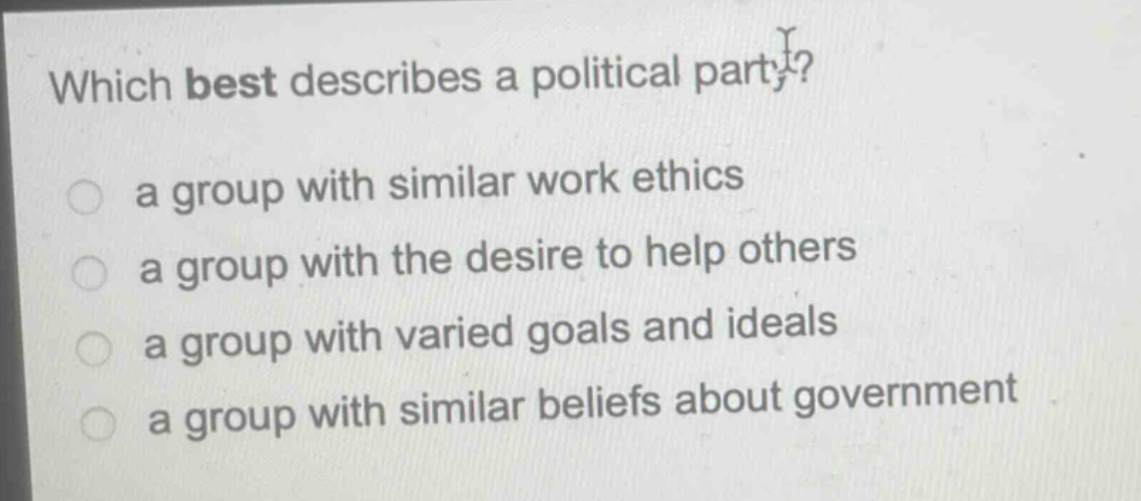 which best describes a political party?\n a group with similar work ethics\n a group with the desire to help others\n a group with varied goals and ideals\n a group with similar beliefs about government