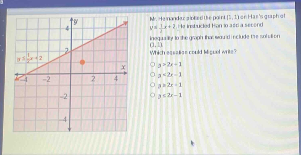 mr. hernandez plotted the point (1, 1) on hans graph of $yleq\frac{1}{2}x + 2$. he instructed han to add a second inequality to the graph that would include the solution (1, 1). which equation could miguel write?\n$y>2x + 1$\n$y<2x - 1$\n$ygeq2x + 1$\n$yleq2x - 1$