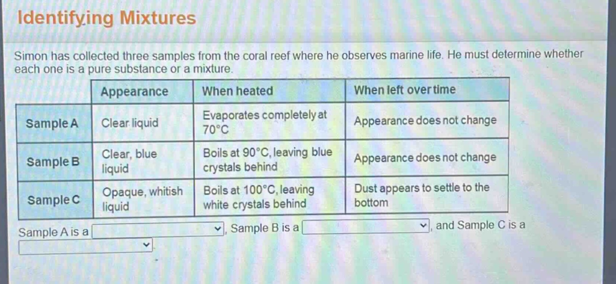 identifying mixtures\nsimon has collected three samples from the coral reef where he observes marine life. he must determine whether each one is a pure substance or a mixture.\n|appearance|when heated|when left over time|\n|----|----|----|\n|sample a|clear liquid|evaporates completely at 70°c|appearance does not change|\n|sample b|clear, blue liquid|boils at 90°c, leaving blue crystals behind|appearance does not change|\n|sample c|opaque, whitish liquid|boils at 100°c, leaving white crystals behind|dust appears to settle to the bottom|\nsample a is a \nsample b is a \nsample c is a