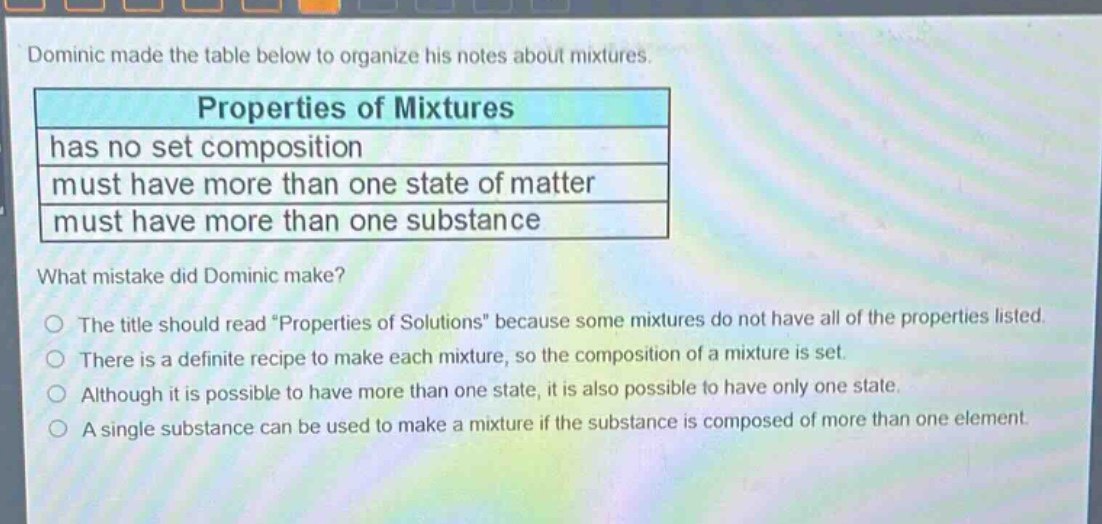 dominic made the table below to organize his notes about mixtures.\nproperties of mixtures\nhas no set composition\nmust have more than one state of matter\nmust have more than one substance\nwhat mistake did dominic make?\nthe title should read “properties of solutions” because some mixtures do not have all of the properties listed.\nthere is a definite recipe to make each mixture, so the composition of a mixture is set.\nalthough it is possible to have more than one state, it is also possible to have only one state.\na single substance can be used to make a mixture if the substance is composed of more than one element.